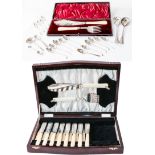 A collection of assorted silver flatware, including: a cased pair of fish-servers with ivory