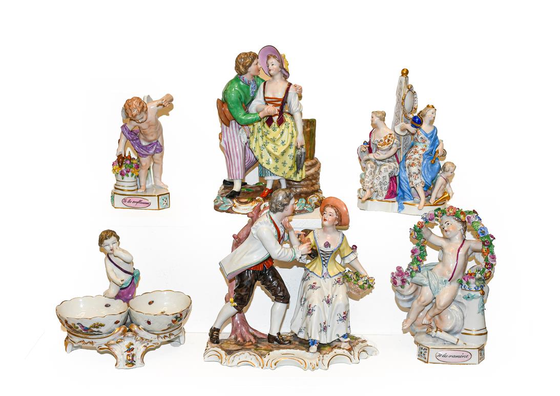 A collection of 19th century German porcelain figures, to include a Meissen style group of a