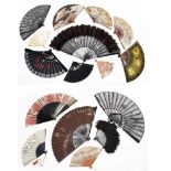 Assorted ebonised fans of various sizes, mainly Oriental with decorated paper mounts and others (a.