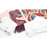 Assorted white cotton and linen table cloths, napkins, sheets etc, a modern embroidered wall hanging