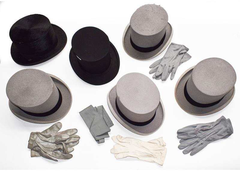 Harrods black silk top hat, Dulcis Make black opera hat, two Christy's grey top hats with gloves (