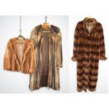 A brown textured full length fur coat, a Jean Pierre Cardier full length fur, and a short tan