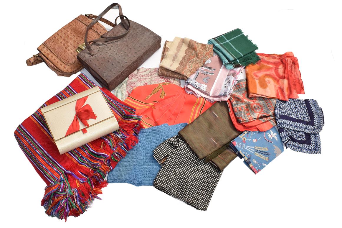 A quantity of assorted ladies costume accessories including hats, handbags, silk and wool scarves,