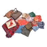 A quantity of assorted ladies costume accessories including hats, handbags, silk and wool scarves,