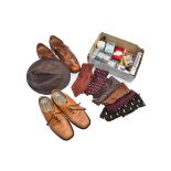 A quantity of assorted gents costume accessories including ties, leather, brogue shoes, kilt and