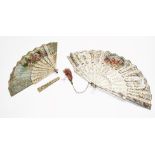 Two late 18th century carved ivory fans, comprising: a fan with pierced sticks and guards painted in