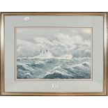 A watercolour marine picture depicting HMS Vanguard, signed John Whale 1991, with label to the