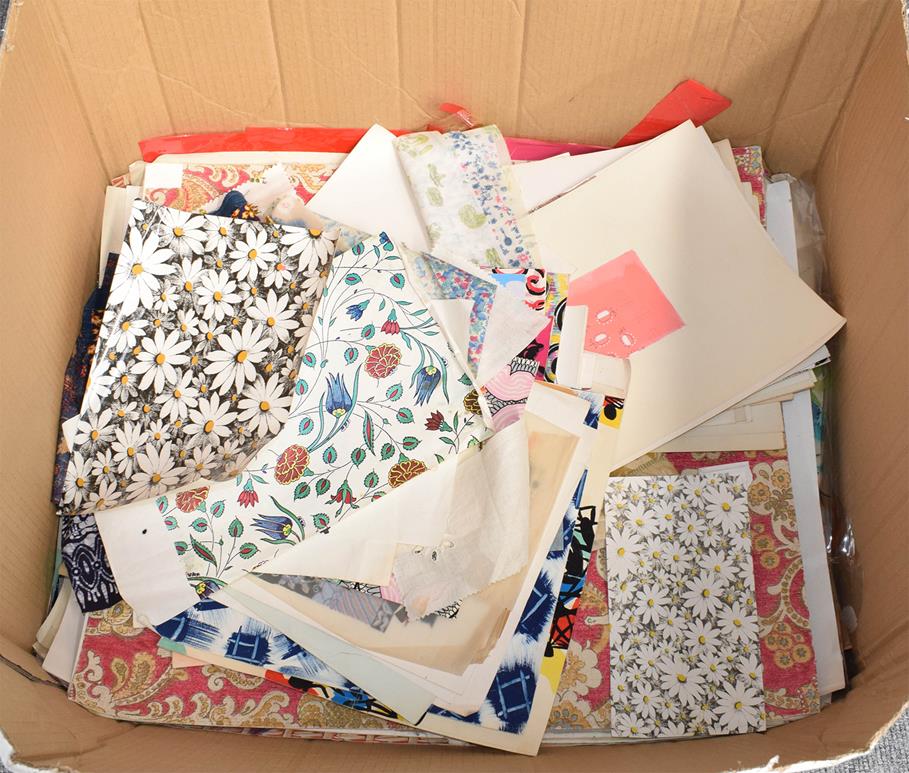 A large quantity of mainly modern fabric designs, hand coloured and printed, some fabric samples etc