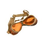 A Pair of First World War Pilot's Goggles, with orange tinted lenses, white metal frames, rolled