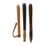 A 19th Century Ebonised Wood Truncheon, the lower section stamped 18, with ring turned grip, 42cm;