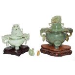 A modern Chinese jade censer and cover on wooden stand together with a similar pale celadon jade