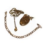 A figaro link bracelet, clasp stamped '9KT' (a.f.), a 9 carat gold locket on a 9 carat gold chain,