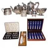 A collection of silver plated ware including a pair of fish servers (cased), cased teaspoons, tea