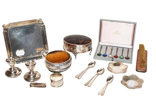 A tray of silver items including a George V silver waiter by Cooper Brothers & Sons Ltd, Sheffield