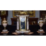 A French marble portico four glass striking mantel clock with garniture, circa 1900. Clock is 48
