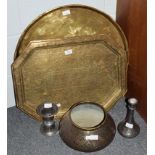 Two 19th century Indo-Persian brass serving trays, together with an Indian brass planter with