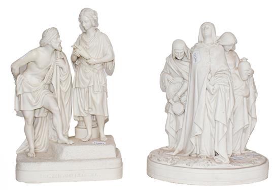 Two Victorian Parian figure groups, one titled ''Eliezer and Rebecca'' (restored), the other