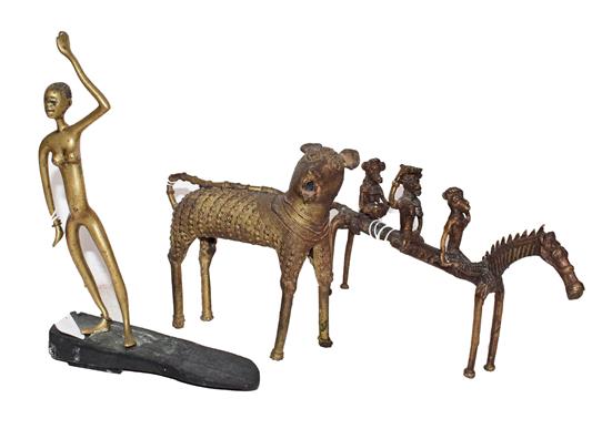 Two 20th century African Benin style tribal bronzes, and a further tribal bronze possibly Indo-