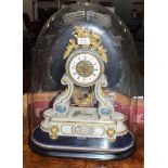 A 19th century alabaster and gilt bronze mantel clock under glass dome (with key and figural