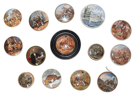 A collection of 19th century Prattware pot lids including a view of the Houses of Parliament,