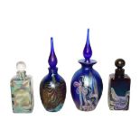 Okra glass, comprising: a group of four iridescent glass scent bottles of square form titled Merlins