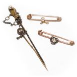 A silver chain linked double stickpin, a cultured pearl and diamond cluster bar brooch and another