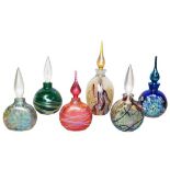 Okra glass comprising six scent bottles, one titled Umbria, 15.5cm, Night Shade, Alchemy and three