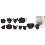 A collection of 19th century Black Basalt ware makers include Birch, Wedgwood, Hartley Green & Co.