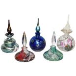 Okra glass, comprising: a group of five iridescent glass scent bottles, one titled Coral, another