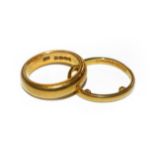 Two 22 carat gold band rings, finger sizes K (one with sizing beads). Gross weight 11.5 grams.