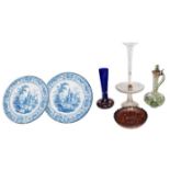 A pair of Burleigh ware blue printed wall chargers decorated with romantic landscapes, together with