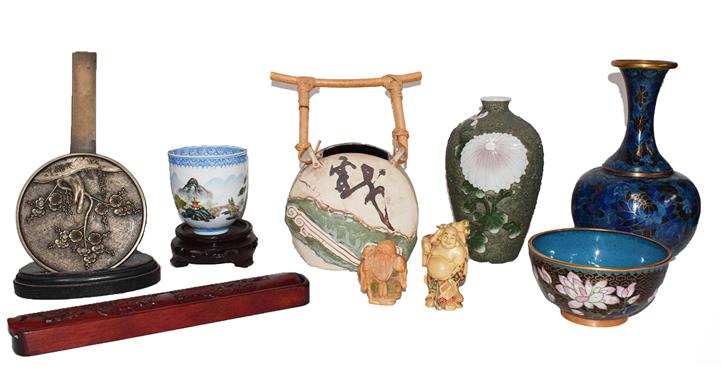 A quantity of 20th century Asian art, including: two pieces of cloisonne, a Japanese bronze hand