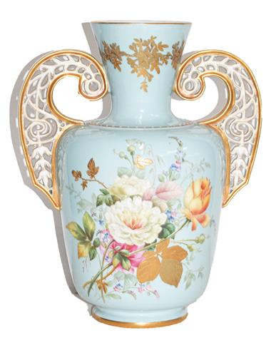 A Crown Derby turquoise ground vase painted with flowers and having reticulated twin handles,