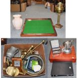 A quantity of assorted metalwares, including: brass fire tools, jam pan, candlesticks, pewter, oil