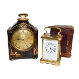 A chinoiserie mantel timepiece circa 1910, and a brass carriage timepiece retailed by Mappin & Webb,