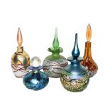 Okra glass comprising five scent bottles, one by R P Golding, one by D Barras and three others,