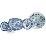 An early 19th century Chinese blue and white rectangular dish painted with a typical landscape,