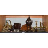 A quantity of assorted metalwares to include a Japanese bronze Koro, brass candlesticks and trivets,