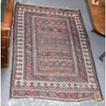 Afshar flat weave rug, the walnut brown and indigo field of bands of geometric motifs enclosed by