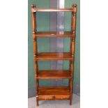 A Regency style five-tier whatnot stand with lyre supports and two drawers, 55cm by 26cm by 153cm