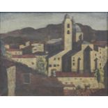 George D. Aked (1907-1989) ''Hill Town no.1'' With artist's label verso, oil on canvas, 35cm by 45cm