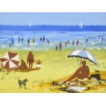 Eric H Hill (1921-2021) ''Beach Brollies'' Signed, acrylic on canvas board, 33.5cm by 44cm Artist'