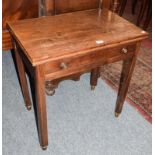 A George III mahogany foldover tea table with single drawer, raised on moulded square supports, 74cm