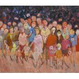 Terry Beswick (Contemporary) Crowd waiving England flags Signed verso, oil on board, 46cm by 53cm