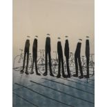 Mackenzie Thorpe (b.1956) ''Men with Bikes'' Signed, inscribed and numbered 186/195, giclee print,