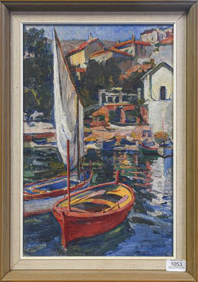 Attributed to Dora Meeson (1869-1955) Australian ''Boats Ville Franche'' Signed and indistinctly - Image 2 of 5