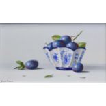 Johannes Eedermans (1950) Dutch Still life of plums in a blue and white bowl Signed, oil on panel,