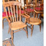 An early 20th century spindle back armchair with fan patterned seat, together with a Victorian ash