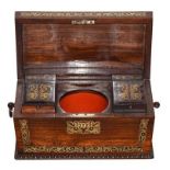 A Victorian Brass Inlaid Mahogany Tea Caddy, of rectangular form with foliate decoration, the