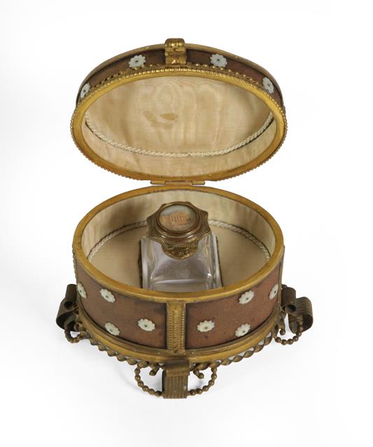 A French Brass-Mounted Scent-Bottle, 19th Century, oblong, the hinged cover with an architectural - Image 2 of 3